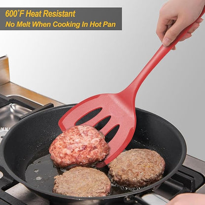 Silicone Pancake Spatula Turner with Lengthened Handle& Seamless Design, Heat Resistant Slotted Flipper for Nonstick Cookware, Large Flexible Kitchen Utensils for Egg, Pancake, Burger, Red