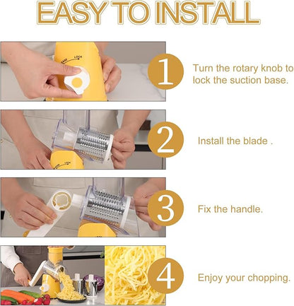 Ourokhome Rotary Cheese Grater Hand Crank, Kitchen Shredder Speed Mandolin Slicer Nut Grinder with Handle and Drum Blades for Cheese, Vegetable, Walnut, Chocolate, Potato, Carrot, 3 Blades, Yellow