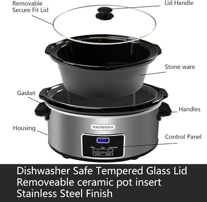 Magnifique 8-Quart Digital Programmable Slow Cooker with Timer - Small Kitchen Appliance for Family Dinners - Serves 10+ People - Heat Settings: Keep Warm,