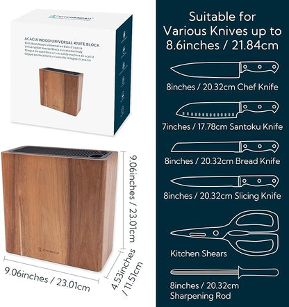 KITCHENDAO XL Acacia Wood Universal Knife Block with Slots for Scissors and Sharpening Rod, Safe, Space Saver Knives Storage Stand Display without Knives, Unique Slot Design to Protect Blade
