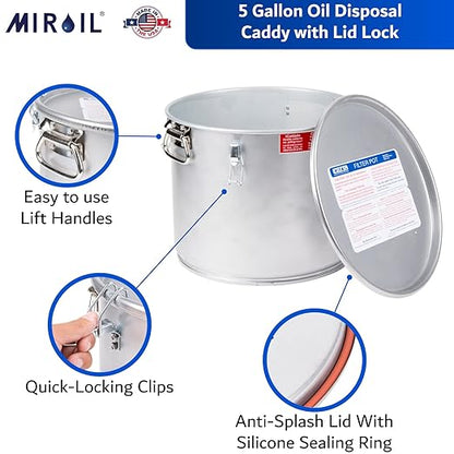 MirOil 5 Gallon Oil Grease Bucket & Filter Pot, USA Made Deep Fryer Grease Bucket Pot with Lid Lock & Lock Clip, 35Lb. Low Profile Container To Fit Under Drain Valves, Filtering Hot Cooking Oil - 40L