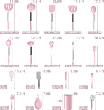E-far Silicone Cooking Utensils Set, 30 Pcs Heat Resistant Kitchen Utensils with Stainless Steel Handle, Heat Resistant Kitchen Spatulas Turner Tong Spoon Whisk Ladle for Nonstick Cookware, Pink