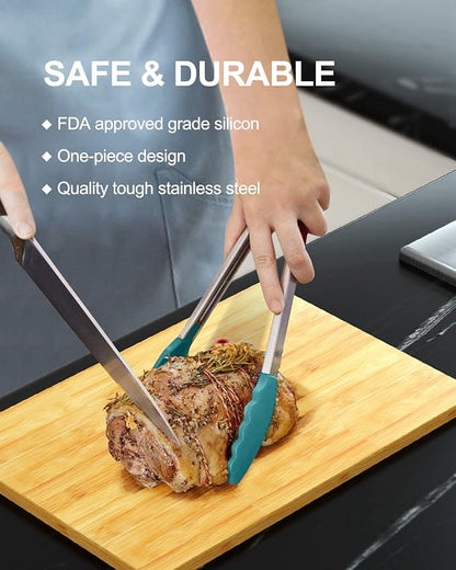 600ºF Heat Resistant Kitchen Tongs, Premium Locking Cooking Tongs with Silicone Tips, Non-Slip Food Tongs for Cooking, Non-Stick, Heavy Duty Stainless Steel Handle, Set of 3-7" 9" and 12" Aqua Sky