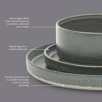 Gibson Elite Echo Bay 12 Piece Porcelain Reactive Glaze (Service for 4) Ceramic Plates and Bowls Modern Stackable Dinnerware Set - Blue