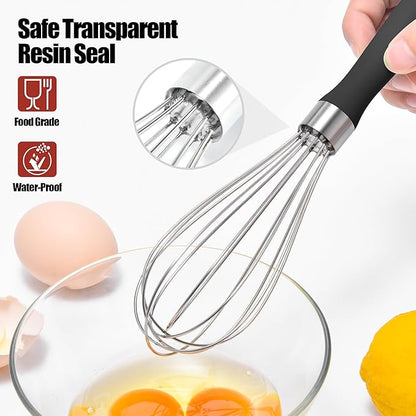 18/8 Stainless Steel Balloon Whisk, Doosu Kitchen Whisk for Cooking Handheld Egg Beater with Rust-Proof Sturdy Wires & Non-Slip Silicone Handle for Beating, Stirring, Blending (6 Wires, Black)
