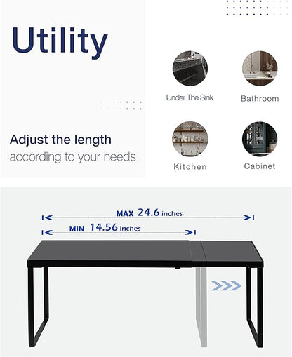 Nxconsu Cabinet Shelf Expandable Organizer Riser Rack for Kitchen Pantry Cupboard Under Sink Countertop Home Organization Extra Storage Space Saver Heavy Duty Metal Edgeless Design Black
