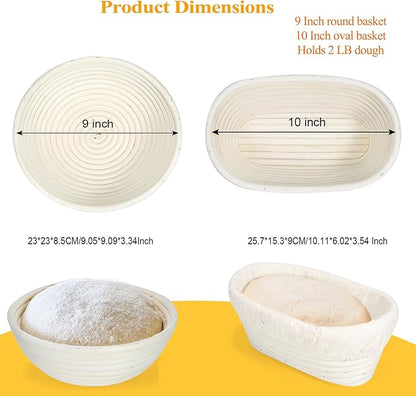 9 & 10 Inch Banneton Bread Proofing Basket Set with Liners,Dough Scraper,Bread Lame & Danish Whisk - Oval and Round Sourdough Baking Kit for Professional & Home Use