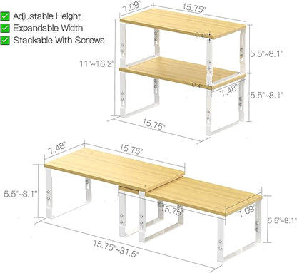 Adjustable Storage Shelves for Kitchen Cabinet Organization - Set of 2 Stackable Metal & Solid Wood Racks, Space-Saving Design for Countertop/Pantry/Garage, Easy Assembly(1 Pack/Large/White)