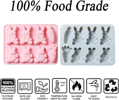 2 Pcs Easter Silicone Molds, 8- Cavity Non-Stick Bunny Carrot Baking Molds, Chocolate Cake Molds, for Making Candy, Soap, Ice Cube, Pudding, Jelly, Soap, Cake Topper Decoration