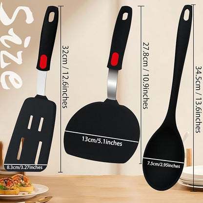 6-Pieces Silicone Spatula Turner Metal Stainless Steel Spatulas Set, Food-Grade 600°F Heat-Resistant Tools for Grilling, Burgers, Omelets and Pancakes with Non-Slip Handles