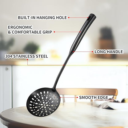 304 Stainless Steel Kitchen Cooking Utensils Set - 9 PCS Serving Utensils, Include Skimmer, Soup Ladle, Spaghetti Server, Wok Spatula, Slotted & Solid Spoon, Slotted Spatula Turner, Meat Fork (Black）