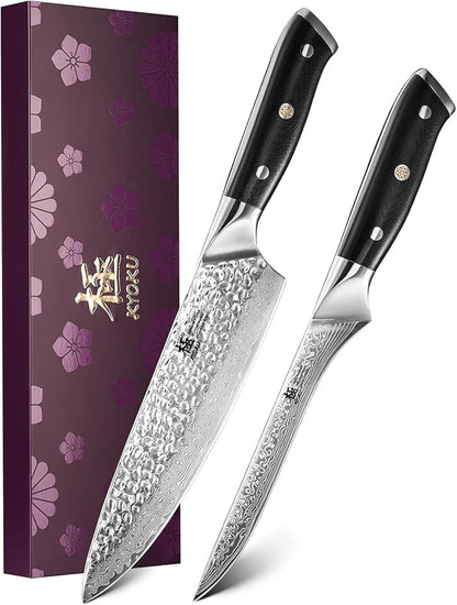 KYOKU Knife Set, 2pc Japanese Kitchen Knife Set for Cooking, 7" Boning 8" Chef Knife with Sheath Gift Box, Professional Sharp Damascus Stainless Steel Knives for Meat Vegetable