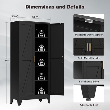 71" Tall Metal Pantry Cabinet, Kitchen Storage Cabinet with 2 Doors and 4 Adjustable Shelves for Kitchen, Living Room, Dining Room, Bathroom and Home, Office (Black, 71" H)