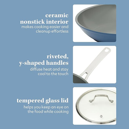 Sur La Table Kitchen Essentials Cool Commune Hard Anodized 10 Piece PFA Free Ceramic Non stick Interior Forged Durable Aluminum Pots and Pans Cookware Set - Blue - Induction Compatible
