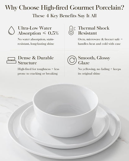 MALACASA 18 Pieces Gourmet Porcelain Dinnerware Sets, Premium Plates and Bowls Set, High-Fired Ceramic Dishes Set for 6, Chip & Scratch Resistant, Microwave Dishwasher Safe, White, Series LEXI