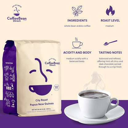 Coffee Bean Direct City Roast Papua New Guinea, Whole Bean Coffee, Arabica Coffee, Medium Roast, 5 Pound Bag (Pack of 1)