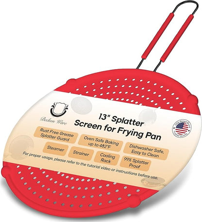 Frying Pan Splatter Screen | USA Brand | 13-Inch Red, Fit Pans (12" to 13") Silicone Grease Splatter Guard for Frying Pan and Stove by Beckon Ware