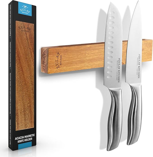 Zulay 11.75" Seamless Acacia Wood Magnetic Knife Holder - Wooden Magnetic Knife Strip for Organizing your Kitchen - Elegant & Multifunctional Magnet Holder for Wall with Easy Installation