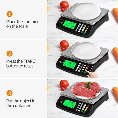 Large Digital Kitchen Scale Black 30kg/66lb Commercial Food Scale Stainless Steel with LCD Display Price Computing Scale for Restaurant Baking Bread Meat Prep Counting Scale for Parts and Coins