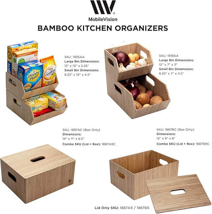 MobileVision Bamboo Storage Box Multi-Purpose Organizer for Kitchen Supplies Holder, Fruit Bin, Cabinets, Pantry with built in handles, stackable, 12” x 9” x 6” With White Clip Included