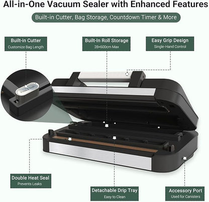 95kPa Vacuum Sealer Machine, Powerful Double Pump 10-in-1 Food Sealing System with Double Heat Seal, Built-in Cutter & Bag Storage, Easy-Lock Handle, Hose, 2 Bag Rolls, Durable Stainless Steel Design