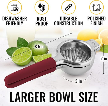 Zulay Kitchen Lemon Squeezer Stainless Steel with Premium Heavy Duty Solid Metal Squeezer Bowl and Food Grade Silicone Handles - Large Manual Citrus Press Juicer and SS Lime Squeezer (Cranberry)