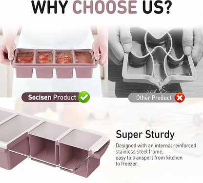 Silicone Freezer Tray with Lid Soup Freezer Container Molds with Steel Reinforced Rim Large Ice Cube Tray Makes 8 Perfect 1 Cup Portions Cubes Storage Food Containers House Essentials for New Home