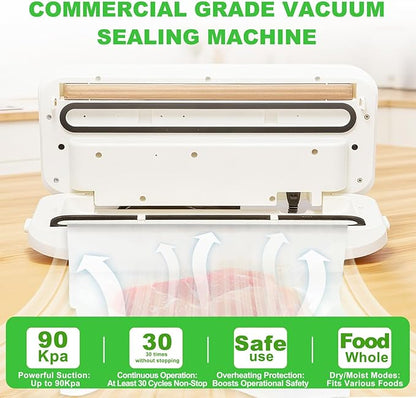 Vacuum Sealer - 90kPa Suction, 180W Motor, 30-Cycle Continuous Use, One-Touch Automatic - Dry/Wet Modes, Air-Tight Seal with Container Tube for Kitchen Use, Food Storage.