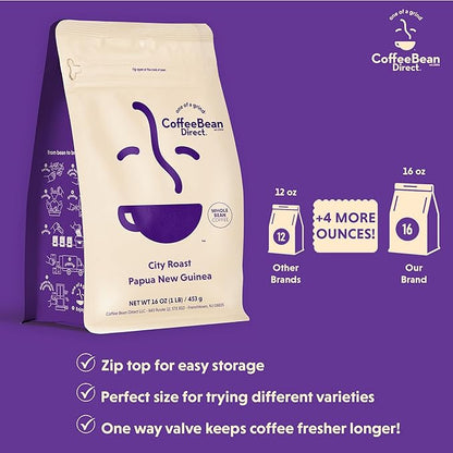 Coffee Bean Direct City Roast Papua New Guinea, Whole Bean Coffee, Arabica Coffee, Medium Roast, 1 Pound Bag (Pack of 1)