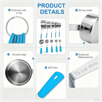 Measuring Cups and Spoons Set, Stainless Steel 10 Piece for Cooking and Baking (5 Cups + 5 Spoons, Light Blue Handle)