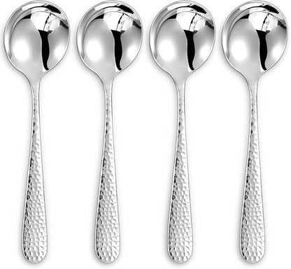 KEAWELL Premium 4-Piece Louise Hammered Spoons Set, 18/10 Stainless Steel, Set of 4, Fine Spoon Set with Round Edge, Dishwasher Safe (7" Soup Spoons)
