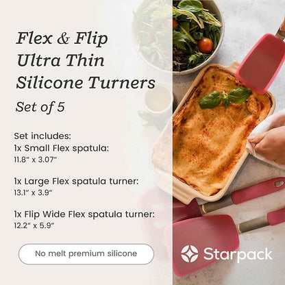 Starpack 'Flex & Flip' Flexible Silicone Turner Spatula Set (3 Pcs) - High Heat Resistant Spatulas for Cooking Egg 600°F - Silicone Pancake Turner Spatula, LFGB Grade Non Stick Rubber Kitchen Utensils