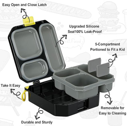 Itslife Bento Lunch Box Set for Kids with 12oz Soup Thermo&Lunch Bag, Leak-Proof Lunch Food Containers for Kids School, 5 Compartment, Sauce Cup, 10 Notes (Gaming Black)