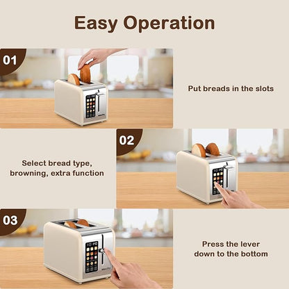 Mecity 2 Slice Touch Screen Toaster, 1.5" Wide Slot, Stainless Steel Smart Toaster for Bagels, Muffins, Waffles, Gluten-Free Breads, Defrost, Reheat, Timer, 120V 825W, Cream Color