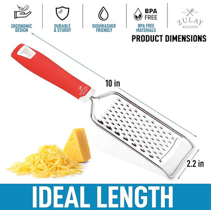 Zulay Kitchen Professional Cheese Grater Stainless Steel - Durable Rust-Proof Metal Lemon Zester Grater With Handle - Flat Handheld Grater For Cheese, Chocolate, Spices, And More - Red
