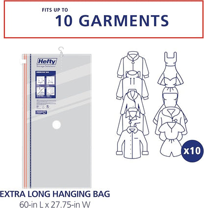Hefty Hanging Compression Bags 3 Extra Long Vacuum Garment Storage Bags for Clothes, Travel, Closet Organization (60 X 27 Inches) (X-Large)