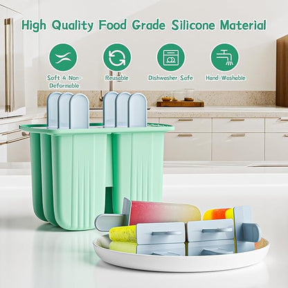 6 Pieces Silicone Popsicle Molds,Easy-Release BPA-Free,Ice Pop Mold Ice Cream Molds For Kids,With 6 PCS Plastic Stick+Cleaning Brush (Mint Green)