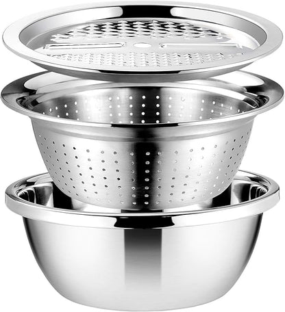 Cabilock Graters for Kitchen Handheld Stainless Steel Drain Basket Vegetable Cutter 3 In 1 Kitchen Multipurpose Grater Salad Bowl For Home (Silver) Colanders & Food Strainers
