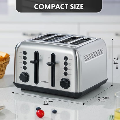 BUYDEEM DT640 Retro 4 Slice Toaster, 7 Shade Settings, Extra Wide 1.5'' Slots, Stainless Steel Toaster with Bagel Muffin Defrost Reheat Function, Retro Silver
