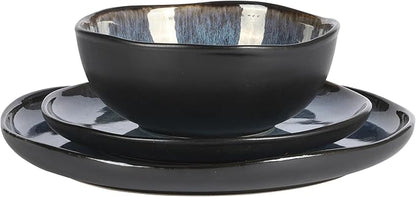 Gibson Elite Nardini 12 Piece (Service for 4) Plates and Bowls Reactive Glaze Dishes Stoneware Ceramic Dinnerware Set - Black and Blue