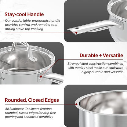 Sunhouse – 2 Quarts Stainless Steel Sauce Pan with Lid - PFOA-FREE, High Stainless Steel Sauce Pan, Advanced Impact Bonding Induction Base, Stay-Cool Handle, Compatible with All Cooktops