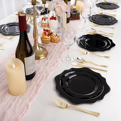 100 PCS Black Disposable Plates for 50 Guests, Scalloped Plastic Plates Include 50 Dinner Plates and 50 Dessert Plates for Party, Wedding, Graduation and Father's Day