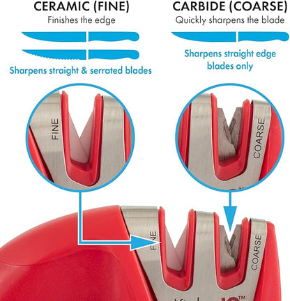 KitchenIQ 51421 | Edge Grip 2-Stage Knife Sharpener | Red – 3 Pack | Coarse & Fine Sharpener | Compact for Easy Storage | Stable Non-Slip Base | Soft Grip Rubber Handle | Straight & Serrated Knives