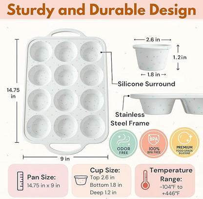 12-Cup Silicone Muffin Pan with Metal-Reinforced Handles – Nonstick, Non-Toxic Cupcake Pan for Baking – Easy-Release, BPA-Free, Dishwasher-Safe Silicone Muffin Tray - 1 PACK - CREAM