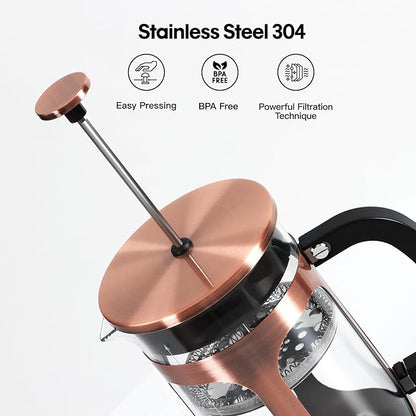 Panana French Press Coffee Maker 34oz Coffee Press, Cold Brew Coffee Tea Pot for Travel, Heat Resistant Thickness Borosilicate Glass French Press (230C-Copper)