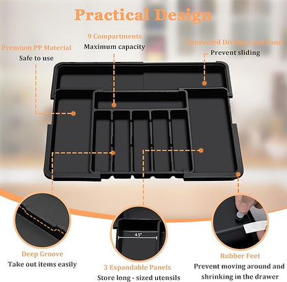 Silverware Organizer Expandable Kitchen Utensil Drawer Organizer Large BPA Free Adjustable Cutlery Silverware Tray for Spoons Forks Knives Storage Divider for Kitchen Flatware 6-9 Slots Black