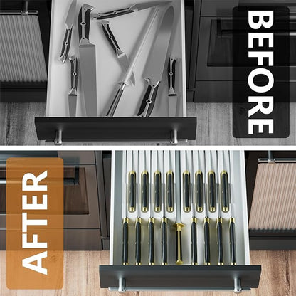Domax Bamboo In-drawer Knife Block - Knife Drawer Organizer Insert Large Handle Steak Knife Holder, Kitchen Drawer Knife Organizer Fits for 16 knives and 1 Sharpening Steel (Not Included), White