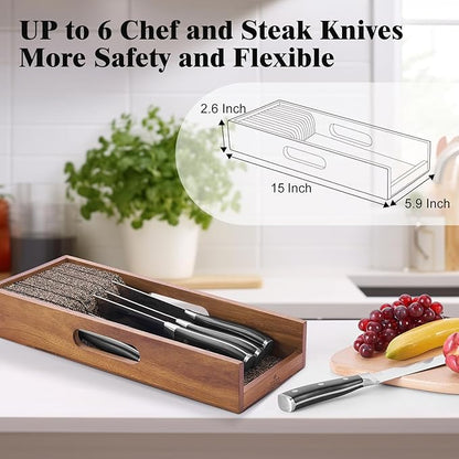 Enoking Knife Drawer Organizer Insert, In Drawer Knife Block, Acacia Wood Knife Holder with Cork Dividers For Kitchen Chef Steak Knife Storage Keep Drawer Tidy (Acacia Wood, 15 x 5.9 x 2.6 In)