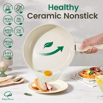 Chef Power Ceramic Nonstick Cookware Set 5 Piece with Detachable Handle, Induction Dishwasher Oven Safe Pans and Pots Set, RV Kicthen Set Removable Handle, Cream White