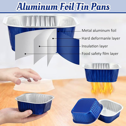 Aoriher 150 Pieces 10 oz Mini Cake Pans with Lids Aluminum Foil Baking Cups Square Disposable 4" x 4" Large Cupcake Cups Baking Tins for Kitchen Brownie Pudding Desserts Holders(Sapphire Blue)
